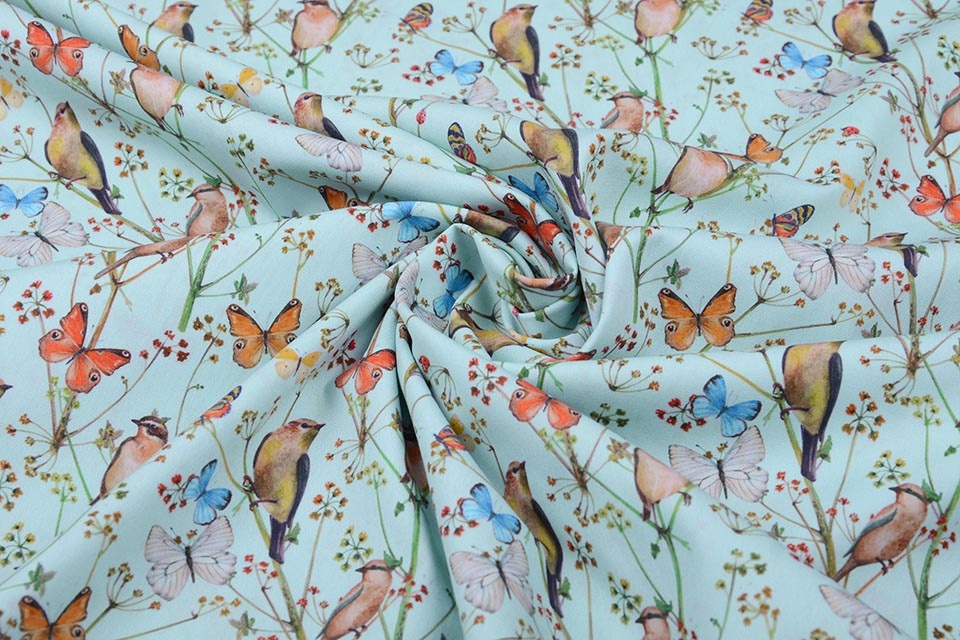 100% Digital Cotton Butterfly Garden Light Blue