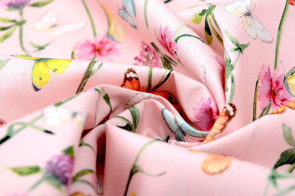 100% Digital Cotton Flowers Butterfly Powder Pink