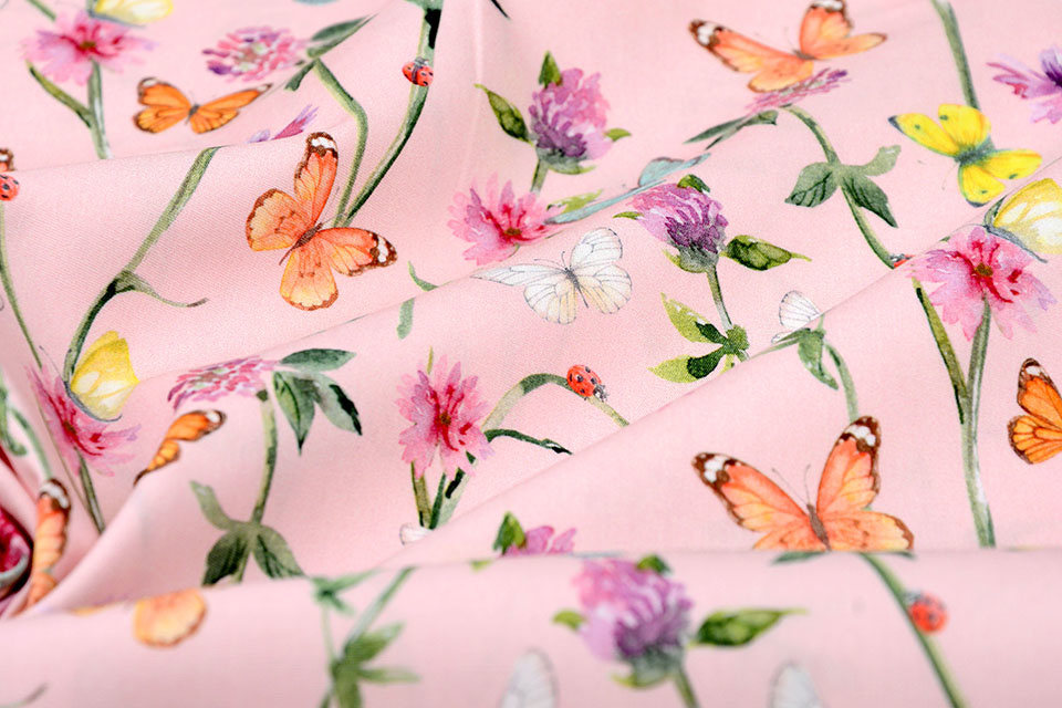 100% Digital Cotton Flowers Butterfly Powder Pink