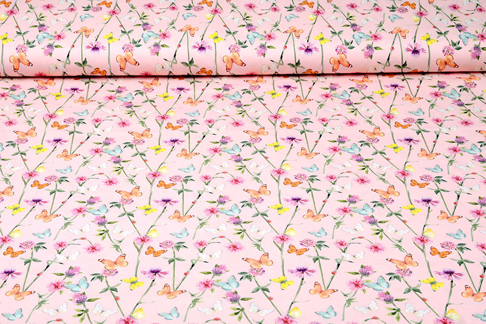 100% Digital Cotton Flowers Butterfly Powder Pink