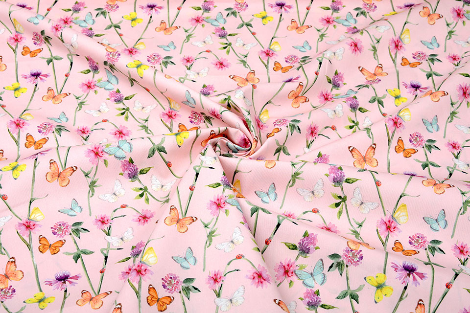 100% Digital Cotton Flowers Butterfly Powder Pink