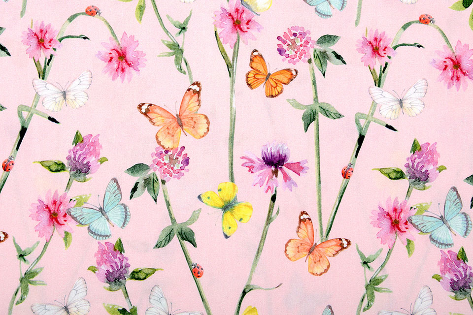 100% Digital Cotton Flowers Butterfly Powder Pink