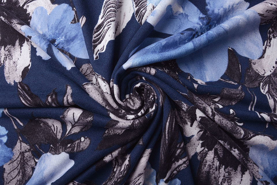 Jersey Stof Aquarel Bloemen Blauw