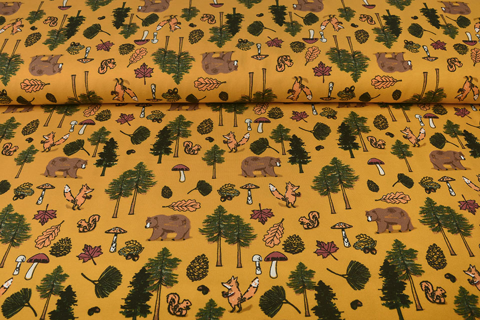 Cotton Jersey Animal Forest Ocher Yellow