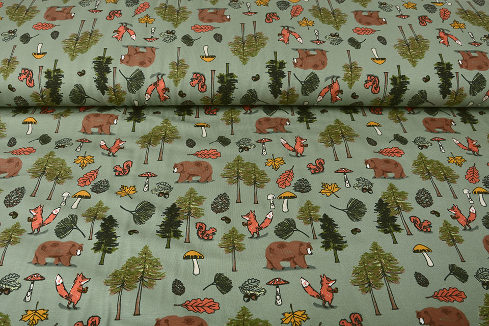 Cotton Jersey Animal Forest Old Green