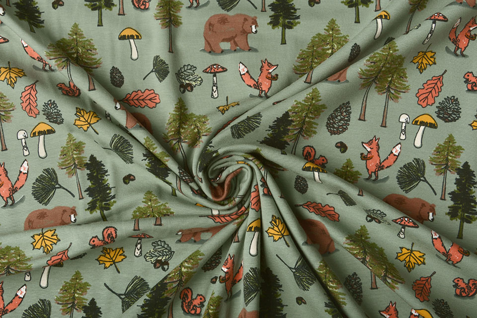 Cotton Jersey Animal Forest Old Green
