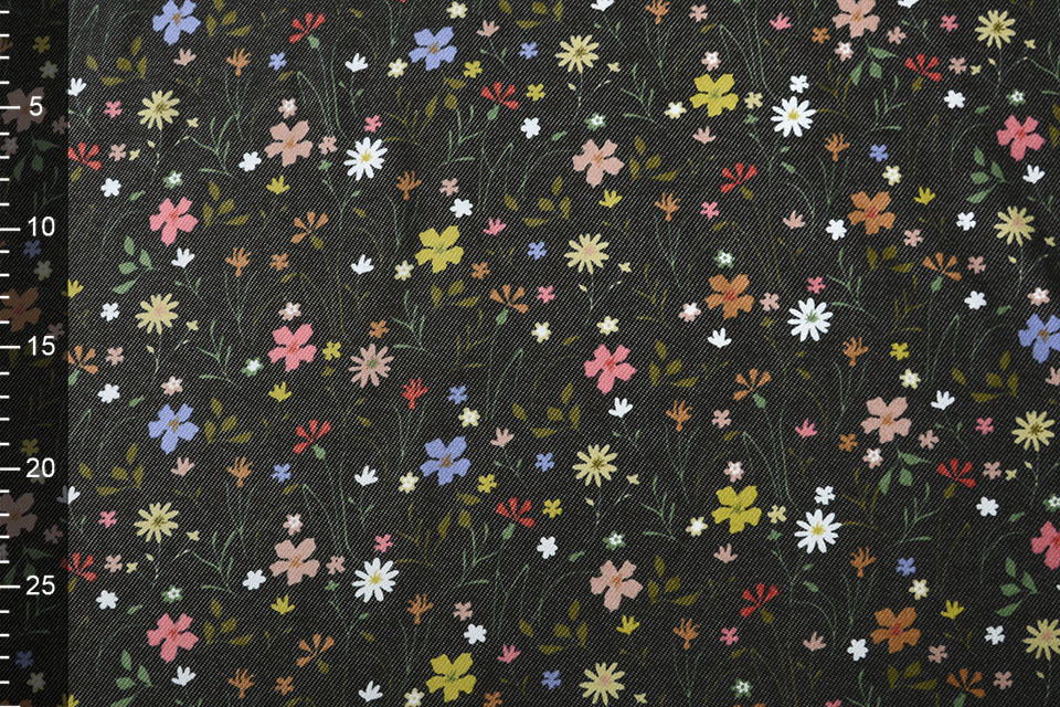 Sweatstoff Alpenfleece Denim Blumen Schwarz