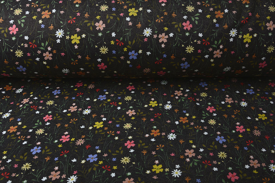 Sweatstoff Alpenfleece Denim Blumen Schwarz