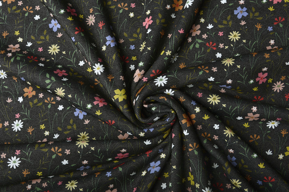Sweatstoff Alpenfleece Denim Blumen Schwarz