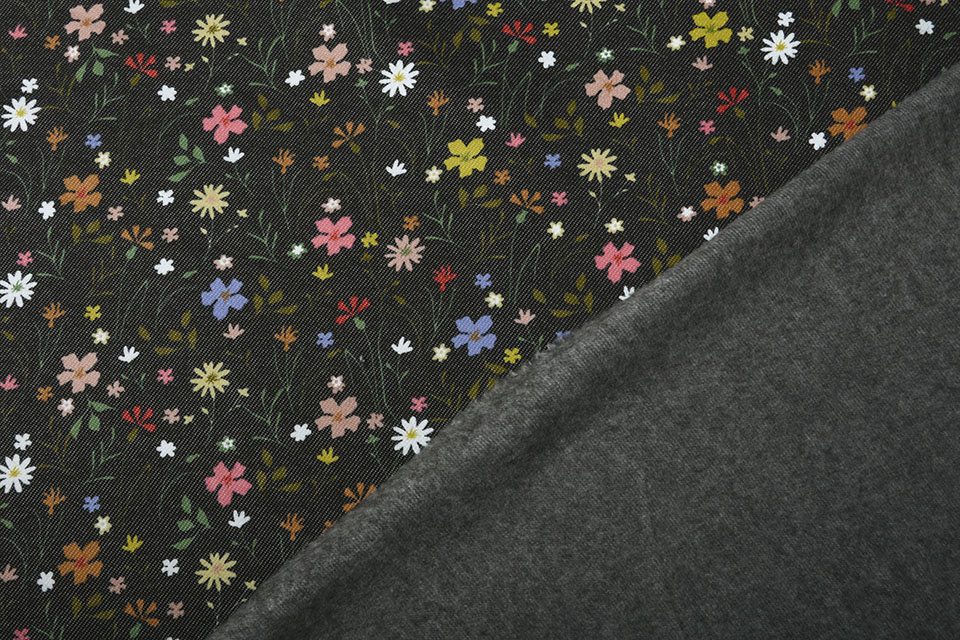 Sweatstoff Alpenfleece Denim Blumen Schwarz