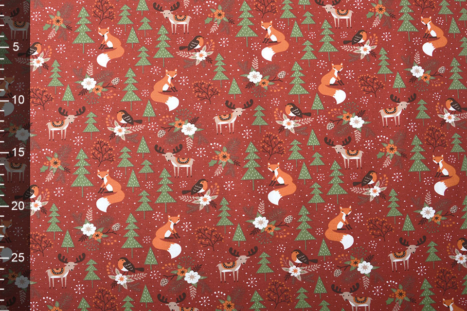 Cotton Jersey Christmas Tree with Animals Red