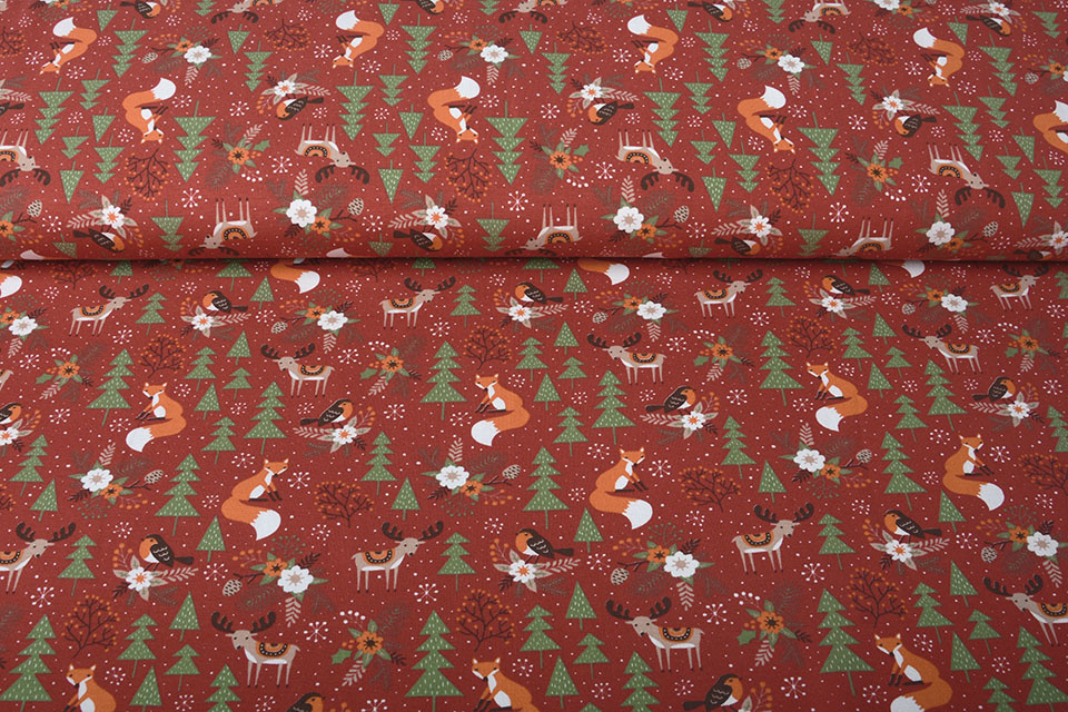 Cotton Jersey Christmas Tree with Animals Red