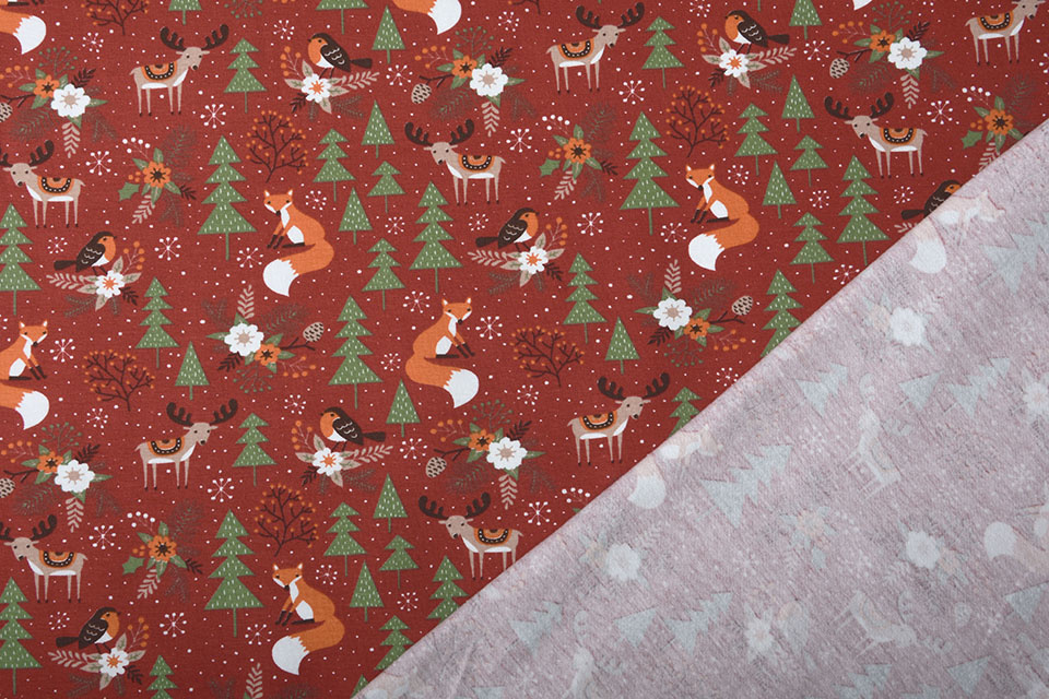 Cotton Jersey Christmas Tree with Animals Red