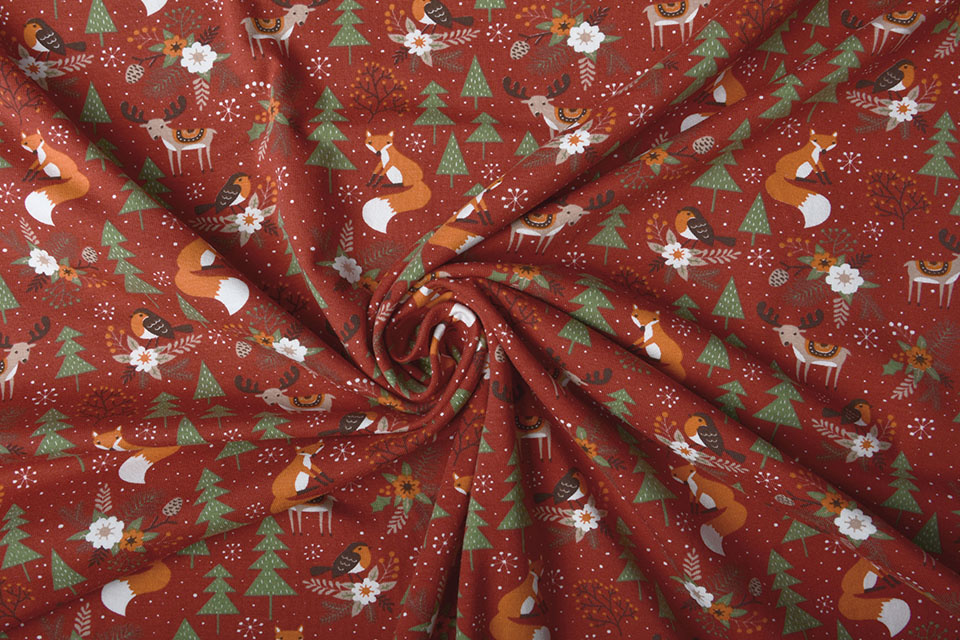 Cotton Jersey Christmas Tree with Animals Red