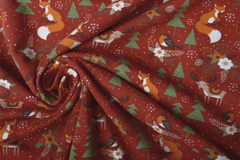 Cotton Jersey Christmas Tree with Animals Red