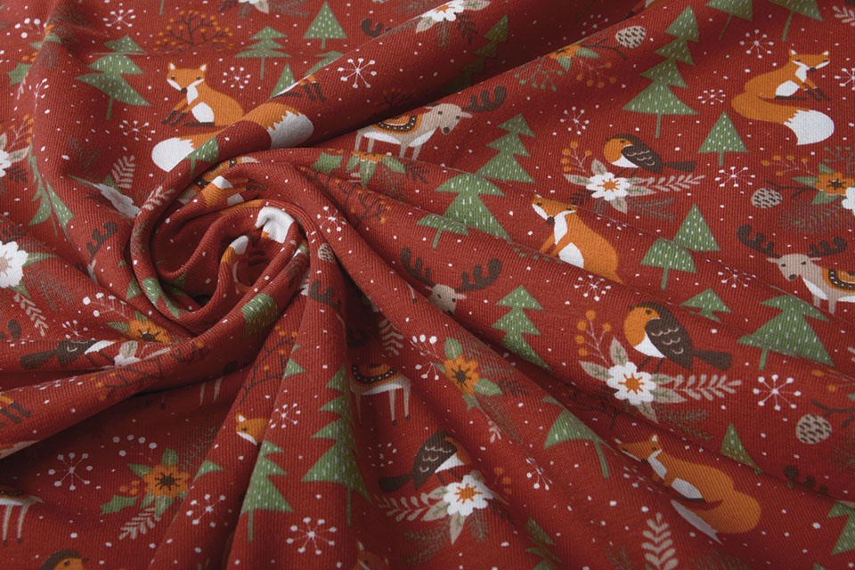 Cotton Jersey Christmas Tree with Animals Red