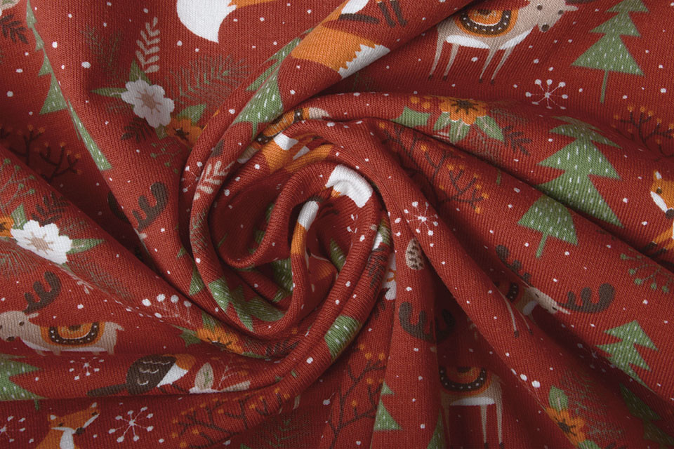 Cotton Jersey Christmas Tree with Animals Red
