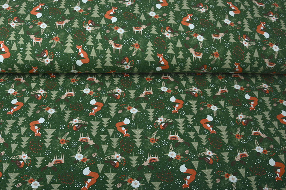 Cotton Jersey Christmas Tree with Animals Green