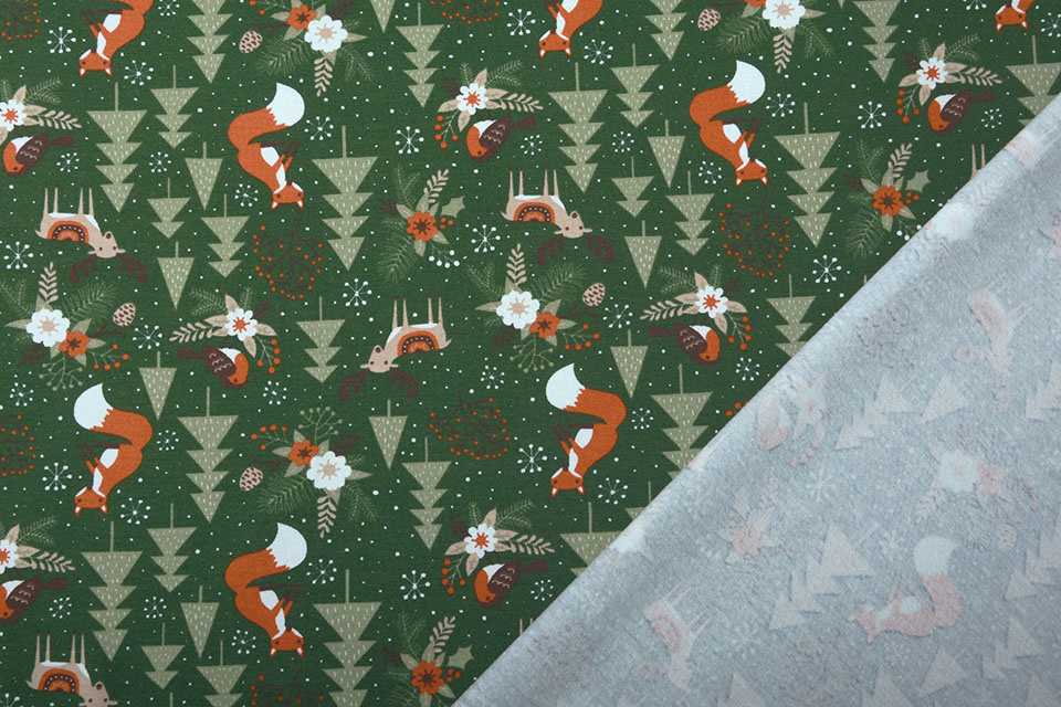 Cotton Jersey Christmas Tree with Animals Green