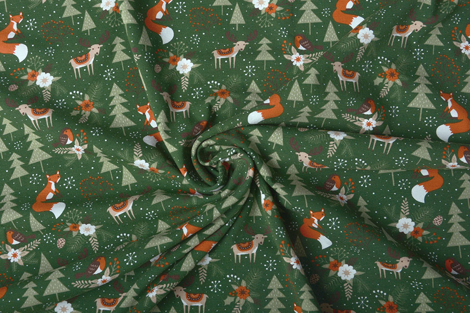 Cotton Jersey Christmas Tree with Animals Green
