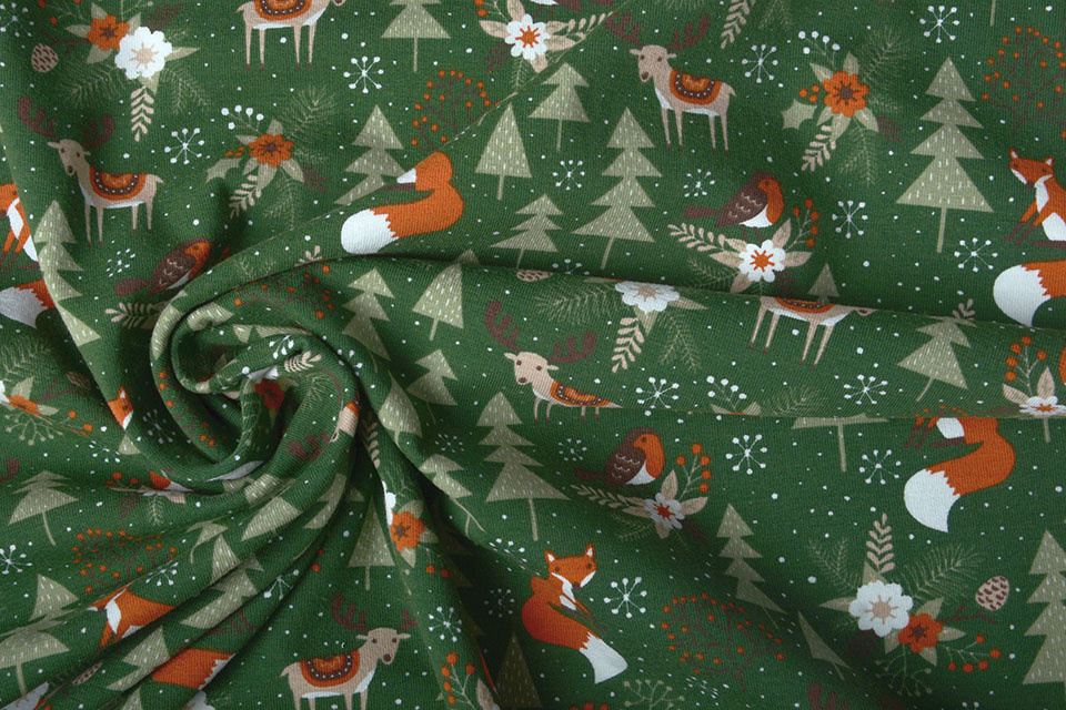 Cotton Jersey Christmas Tree with Animals Green
