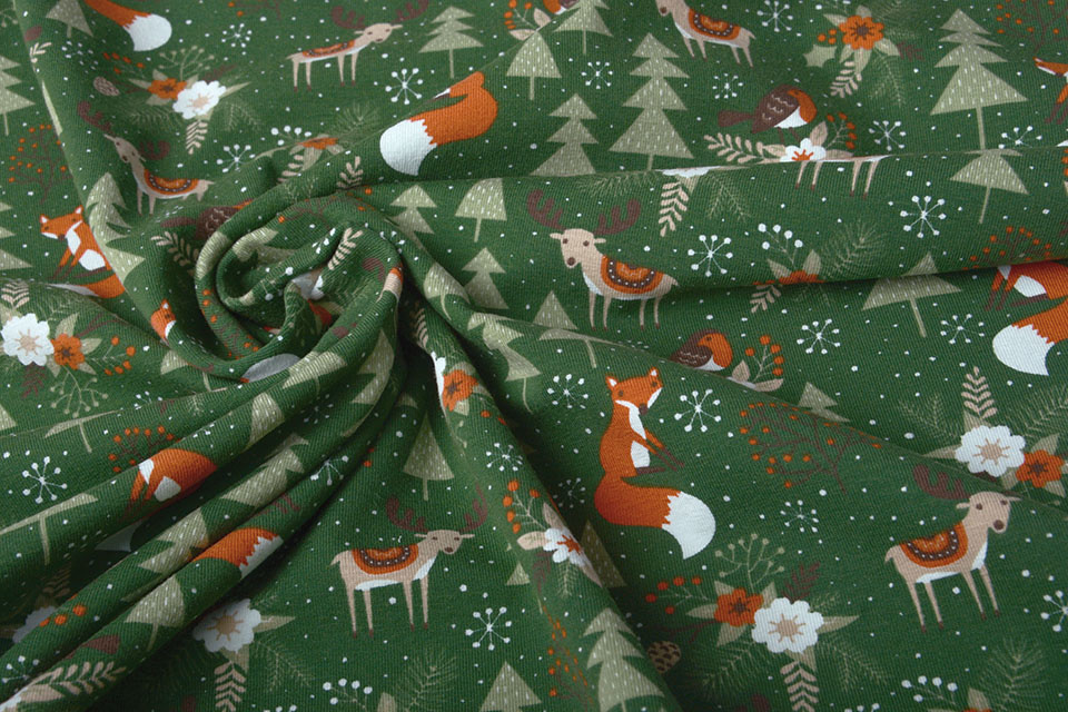 Cotton Jersey Christmas Tree with Animals Green