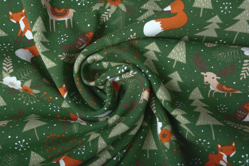 Cotton Jersey Christmas Tree with Animals Green