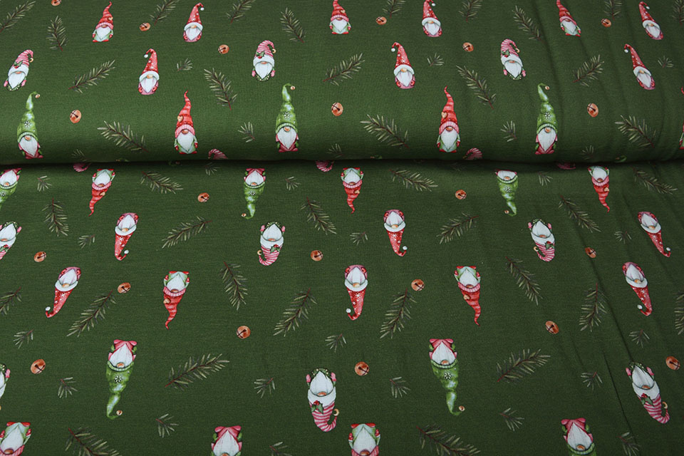 Cotton Jersey Christmas Gnome Green