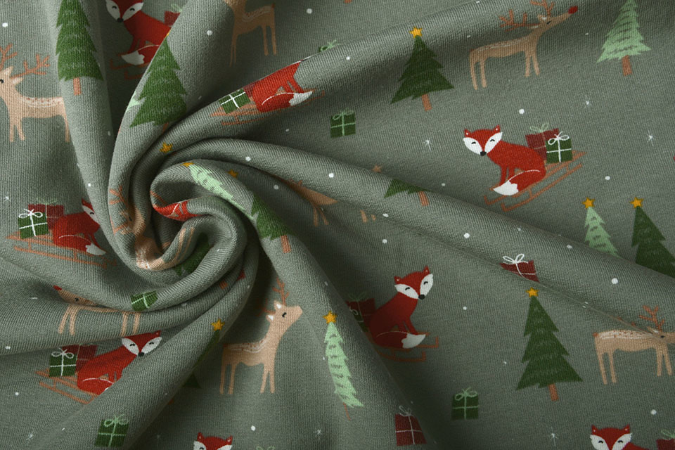 French Terry Weihnachtsren und Fuchs Altgrün