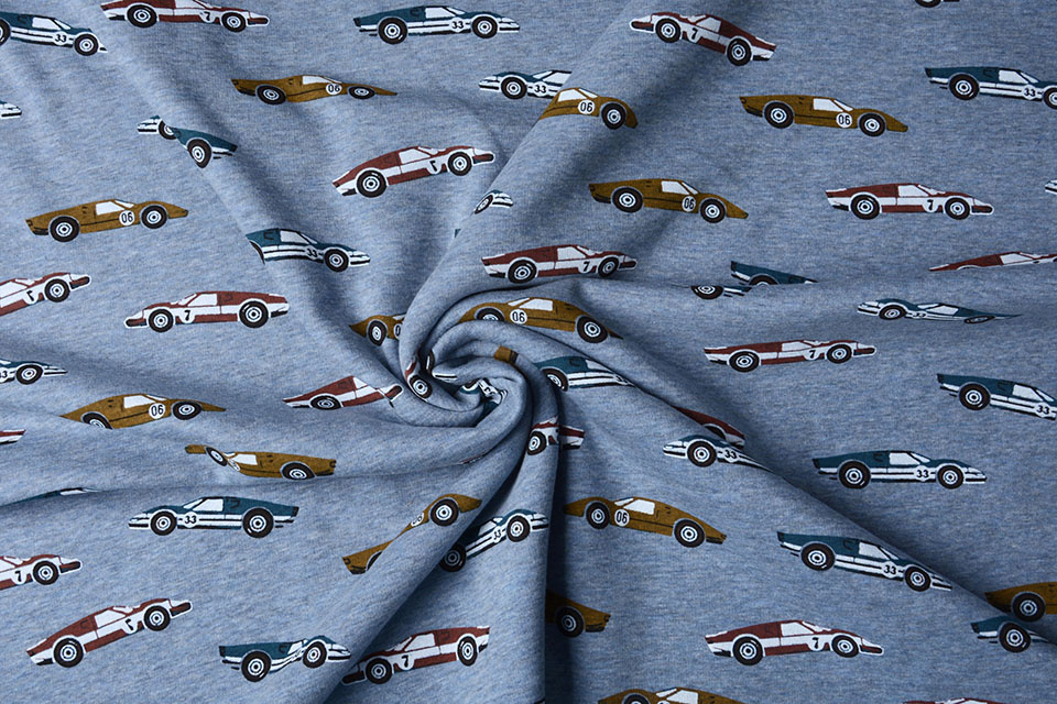 Sweatstoff Alpenfleece Vintage Rennwagen Jeans Melange