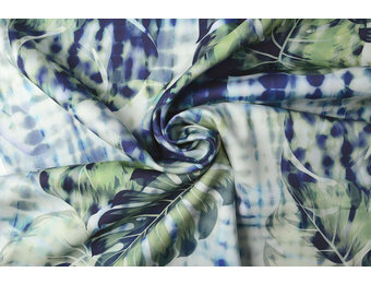 Digital Baumwoll Stretch Monstera Palmblatt Blau