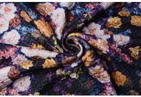 Kapitone Tricot Digitaal Bedrukt Bloemen Marine Zwart