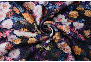 Kapitone Tricot Digital gedruckte Blumen Marine Schwarz