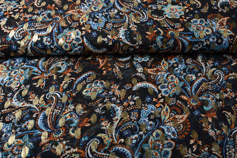 Chiffon Foil Paisley Blauw