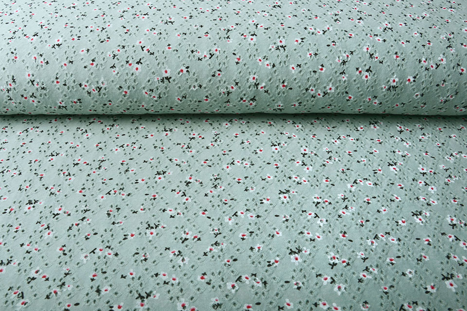 Cotton Jersey Embroidery Flowers Old Green