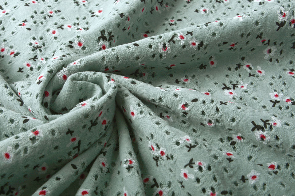 Cotton Jersey Embroidery Flowers Old Green