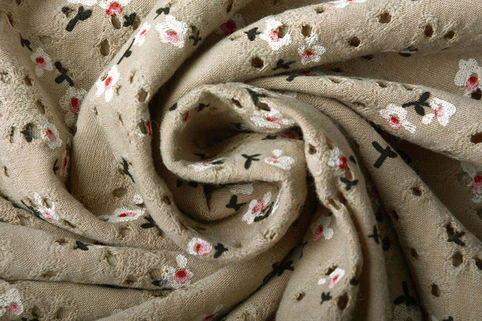 Katoen Jersey Broderie Bloemen Taupe