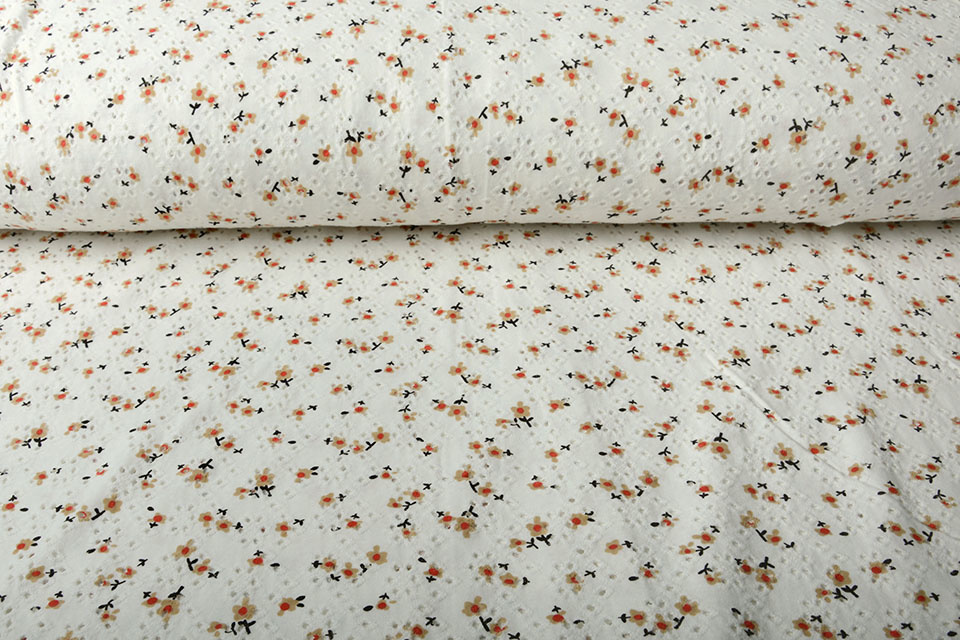 Katoen Jersey Broderie Bloemen Creme
