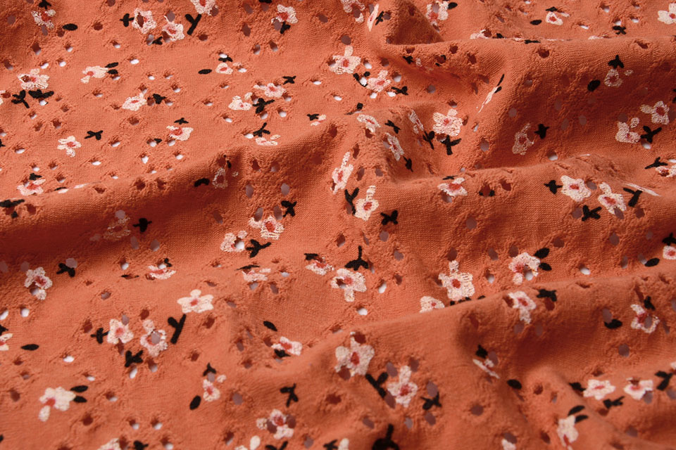 Cotton Jersey Embroidery Flowers Orange Brique