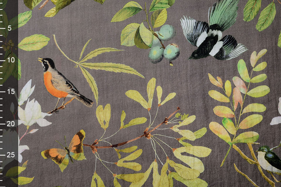 Viscose Digitaal Vogels en Vlinders Grijs