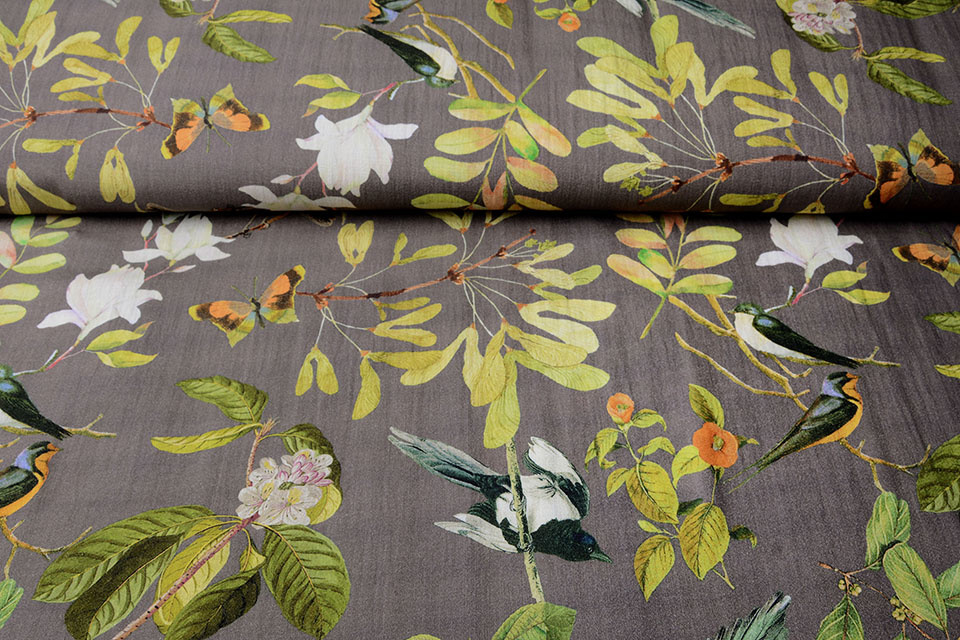 Viscose Digital Birds and Butterflies Grey