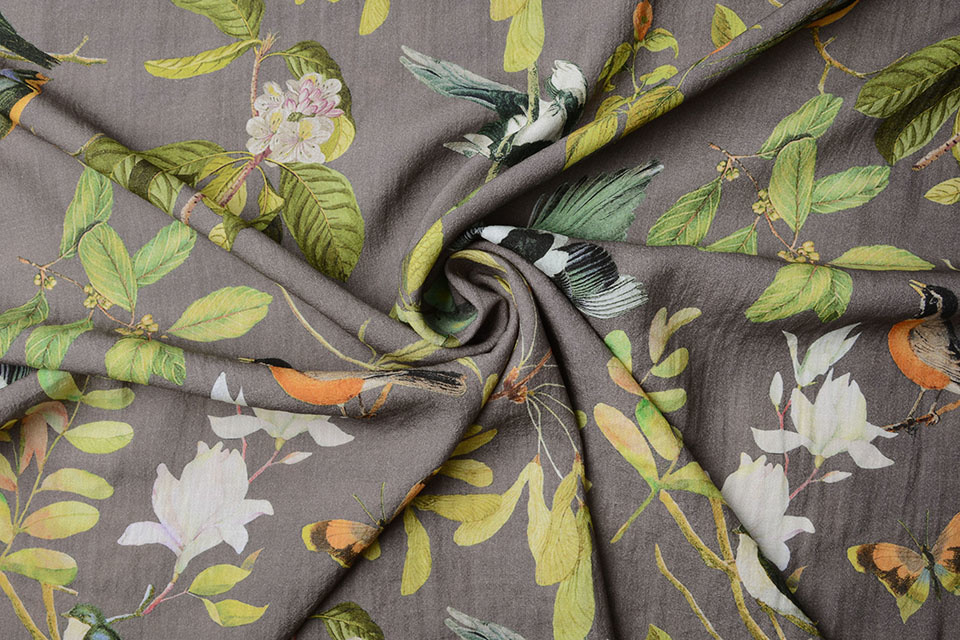 Viscose Digital Birds and Butterflies Grey