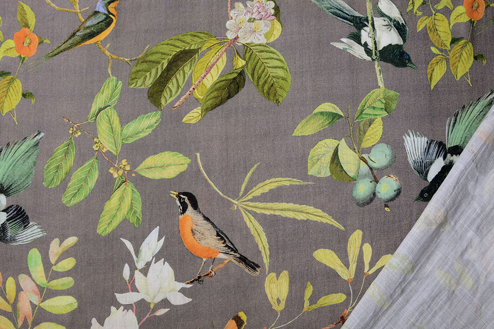 Viscose Digitaal Vogels en Vlinders Grijs