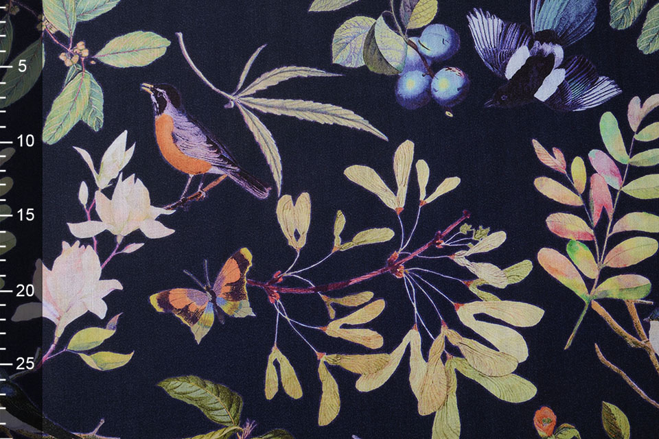 Viscose Digital Birds and Butterflies Navy Blue