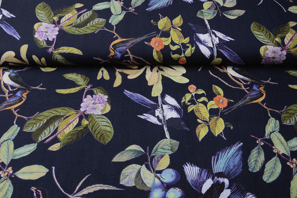 Viscose Digitaal Vogels en Vlinders Marine Blauw