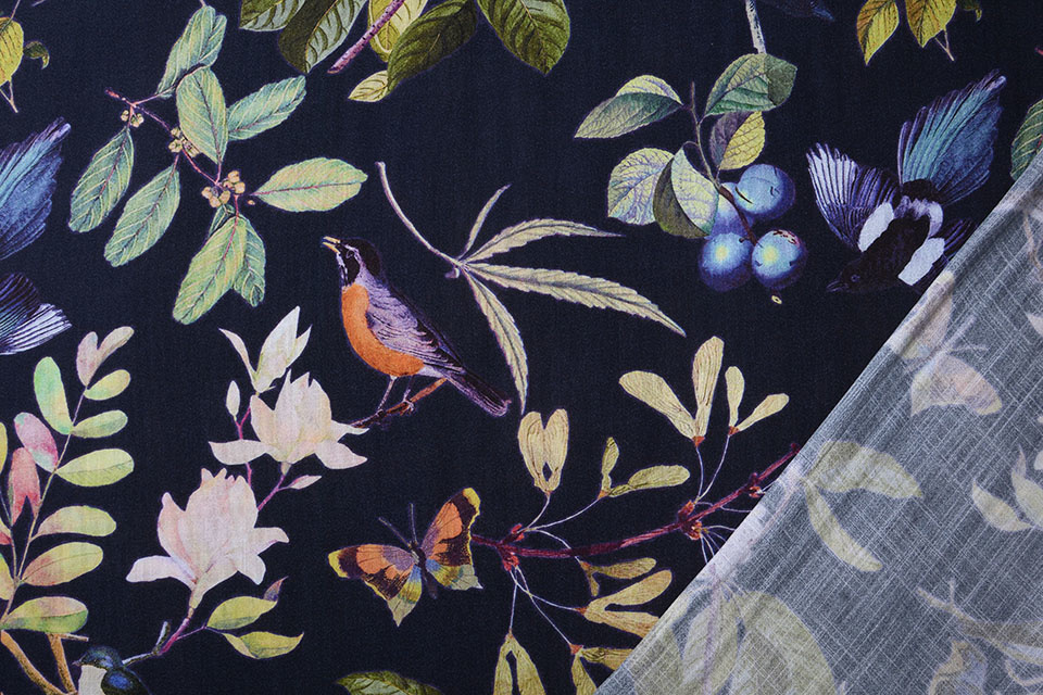 Viscose Digitaal Vogels en Vlinders Marine Blauw