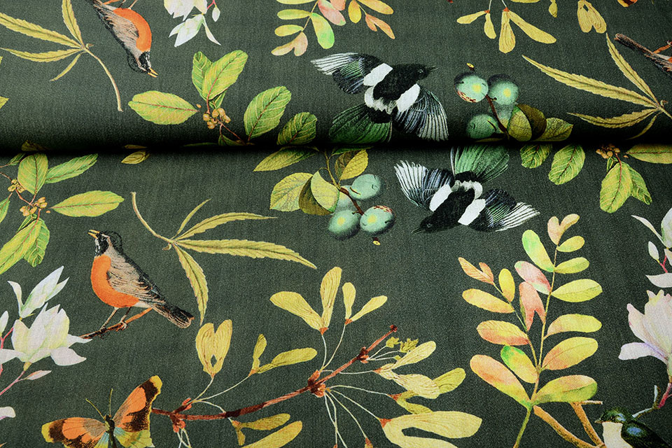 Viscose Digitaal Vogels en Vlinders Kaki Groen