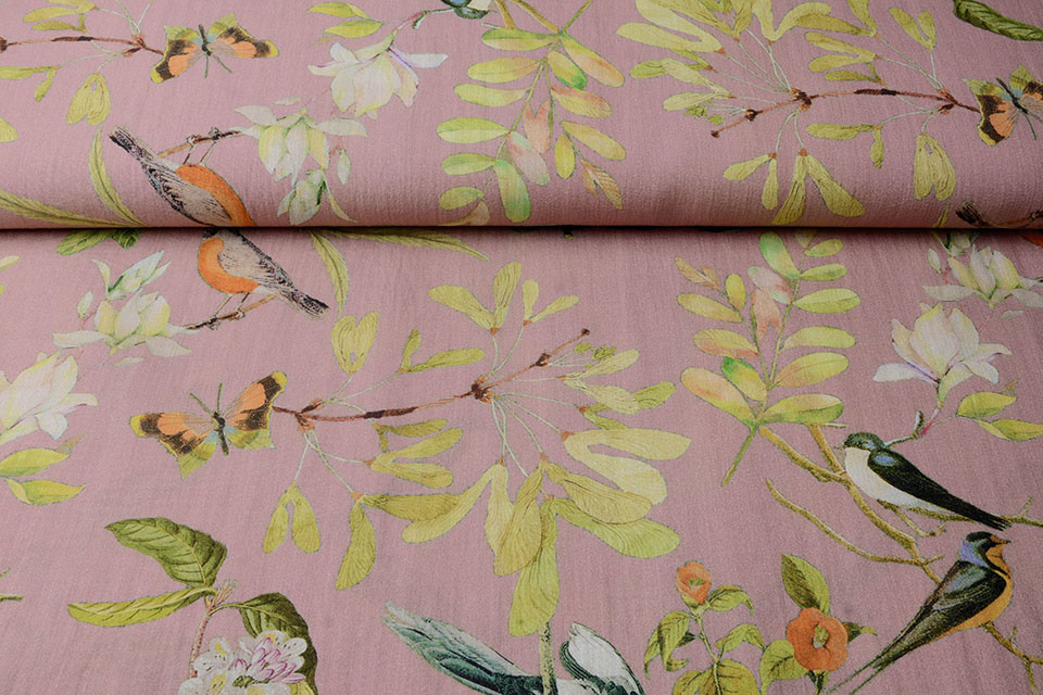 Viscose Digital Birds and Butterflies Old Pink