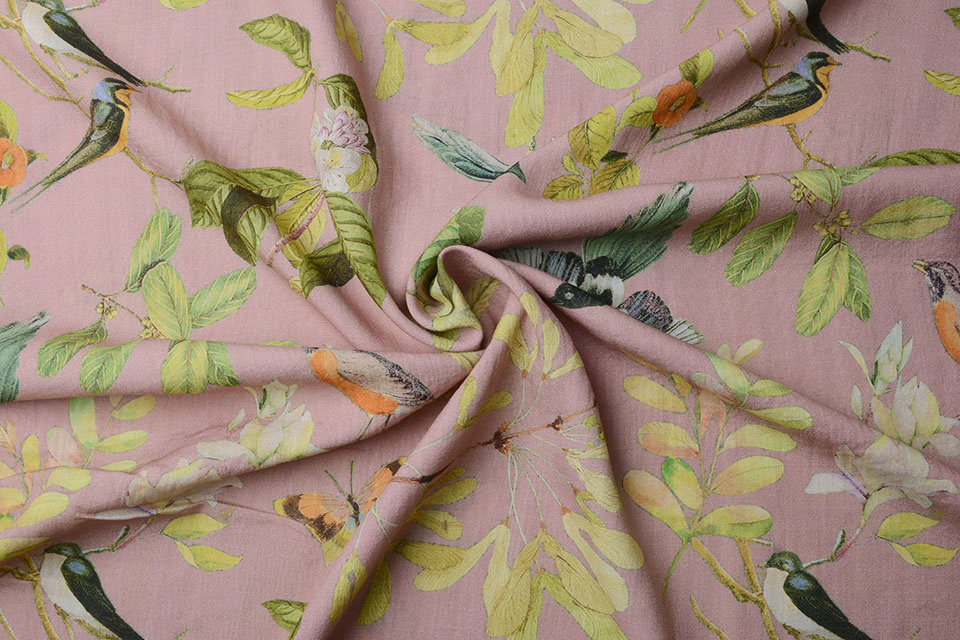Viscose Digital Birds and Butterflies Old Pink