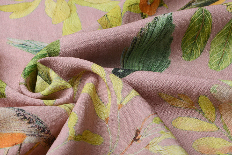 Viscose Digital Birds and Butterflies Old Pink